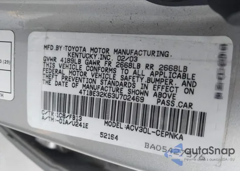 2003 Toyota Camry Le z USA, uszkodzony, nr VIN 4T1BE32K63U702469